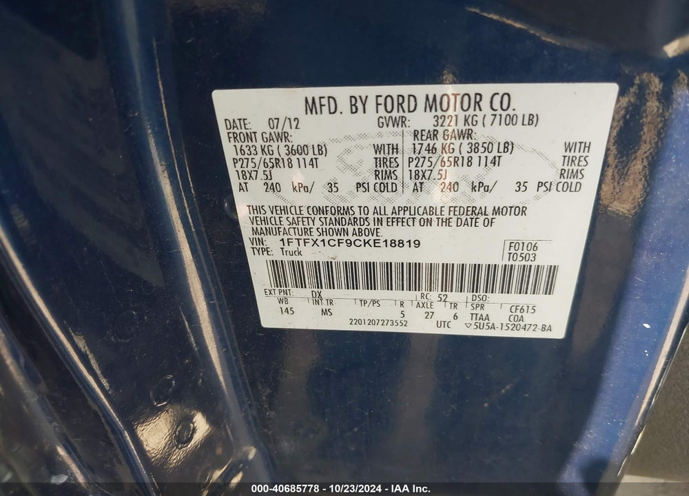 2012 FORD F-150 XLT VIN: 1FTFX1CF9CKE18819