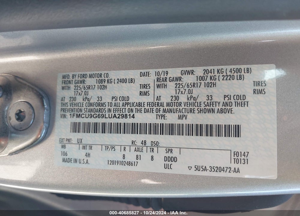 2020 FORD ESCAPE SE VIN: 1FMCU9G69LUA29814