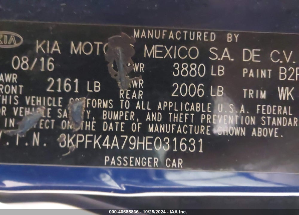 2017 KIA FORTE VIN: 3KPFK4A79HE031631