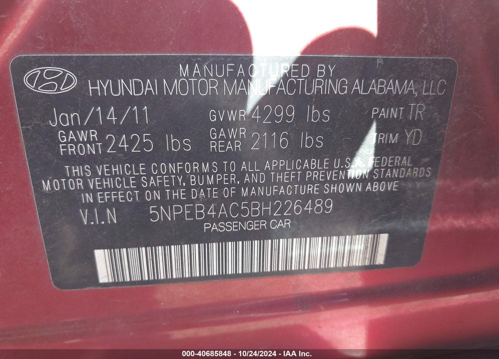 2011 HYUNDAI SONATA GLS VIN: 5NPEB4AC5BH226489