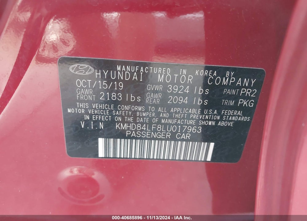 2020 HYUNDAI ELANTRA VALUE EDITION VIN: KMHD84LF8LU017963