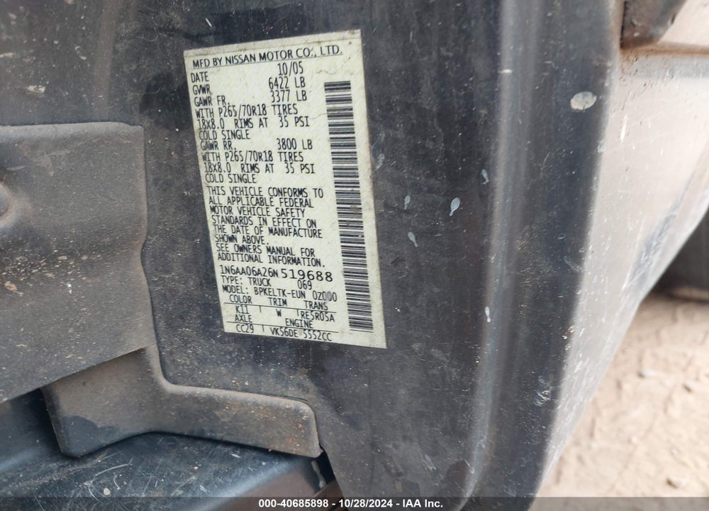 2006 NISSAN TITAN SE VIN: 1N6AA06A26N519688