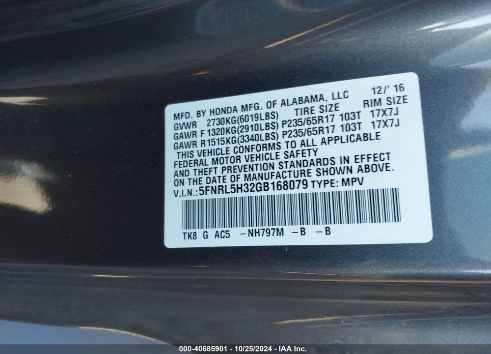 2016 HONDA ODYSSEY SE VIN: 5FNRL5H32GB168079