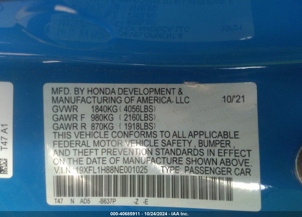 2022 HONDA CIVIC SPORT TOURING VIN: 19XFL1H88NE001025