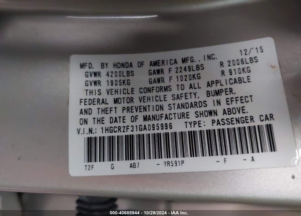 2016 HONDA ACCORD VIN: 1HGCR2F31GA095996