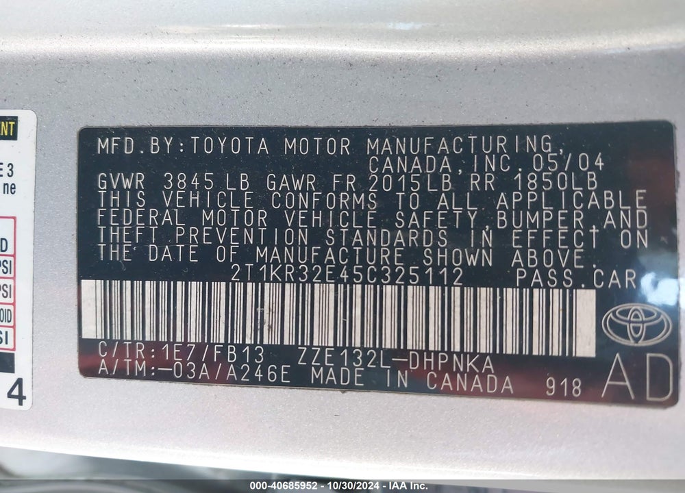 2005 TOYOTA MATRIX/XR VIN: 2T1KR32E45C325112