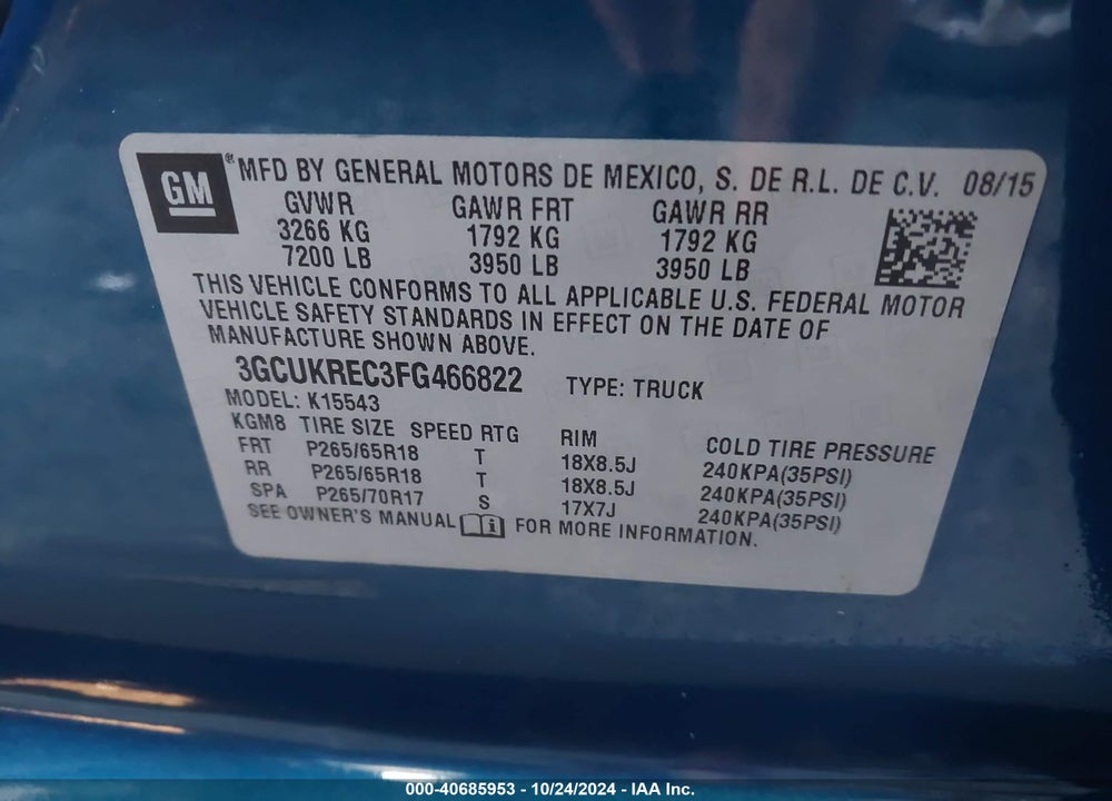 2015 CHEVROLET SILVERADO 1500 1LT VIN: 3GCUKREC3FG466822