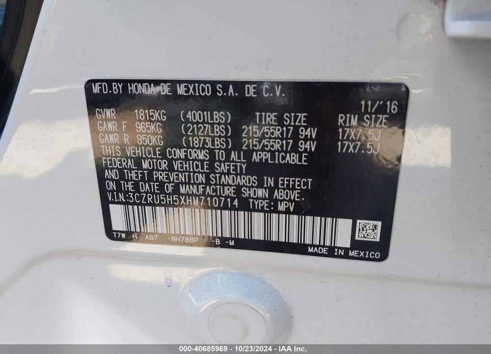 2017 HONDA HR-V EX VIN: 3CZRU5H5XHM710714