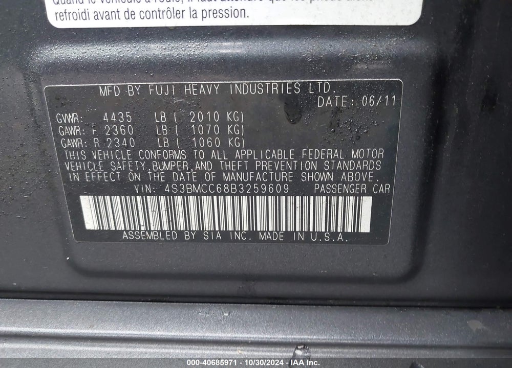 2011 SUBARU LEGACY 2.5I PREMIUM VIN: 4S3BMCC68B3259609