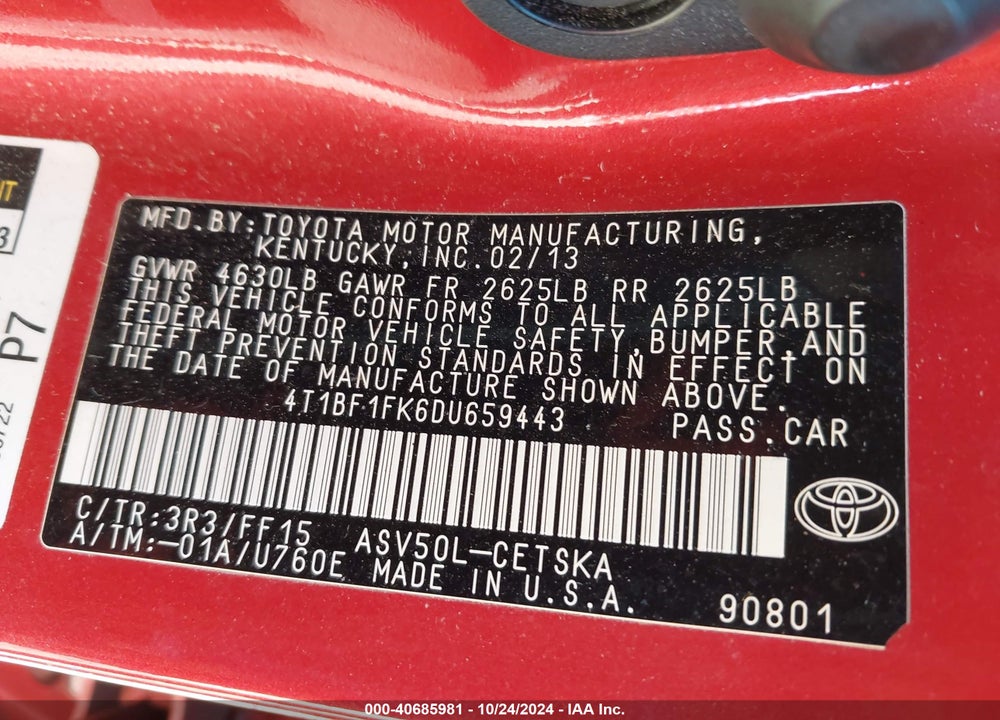 2013 TOYOTA CAMRY SE VIN: 4T1BF1FK6DU659443