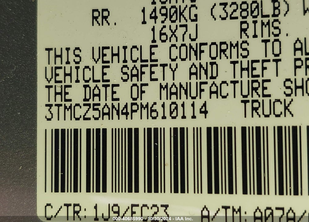 2023 TOYOTA TACOMA SR5 V6 VIN: 3TMCZ5AN4PM610114