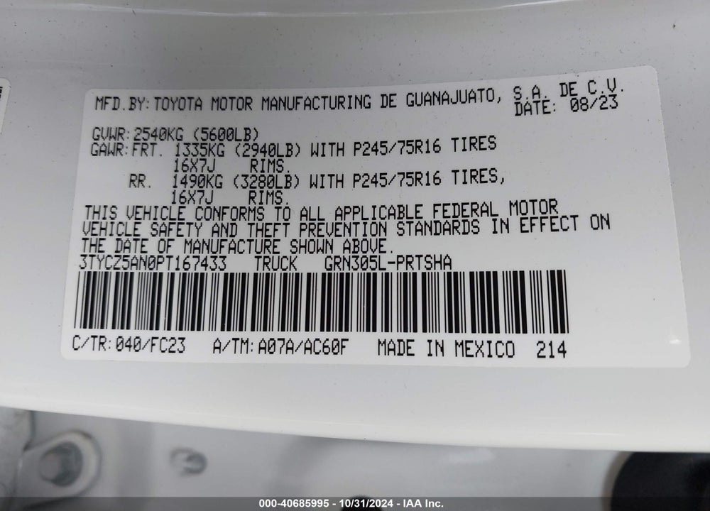 2023 TOYOTA TACOMA SR5 V6 VIN: 3TYCZ5AN0PT167433