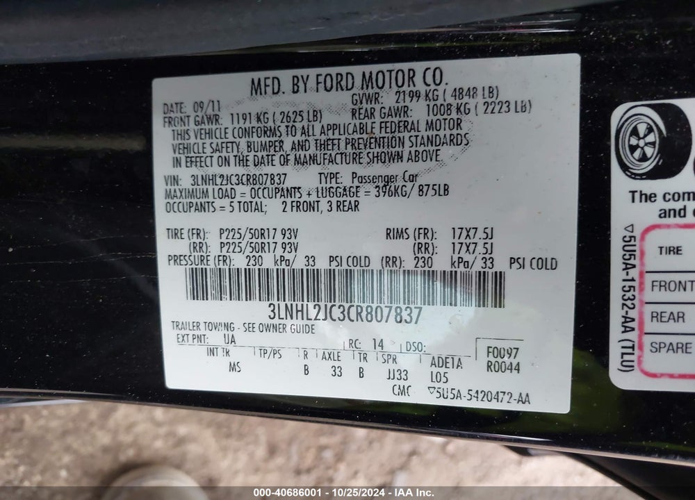 2012 LINCOLN MKZ VIN: 3LNHL2JC3CR807837
