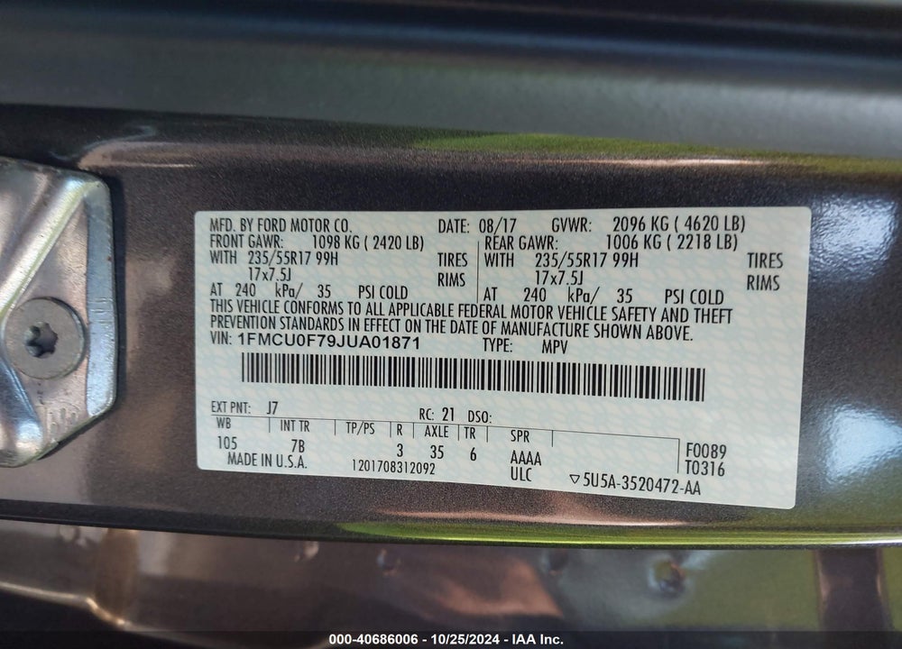 2018 FORD ESCAPE S VIN: 1FMCU0F79JUA01871