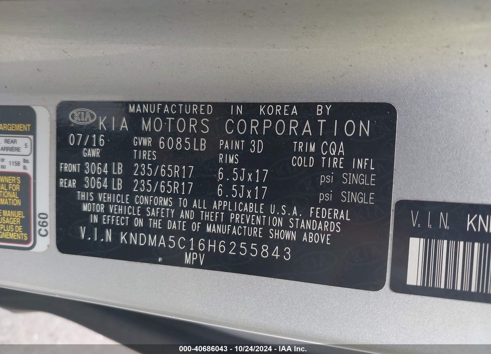 2017 KIA SEDONA L VIN: KNDMA5C16H6255843