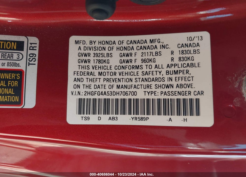 2013 HONDA CIVIC SI VIN: 2HGFG4A53DH706700