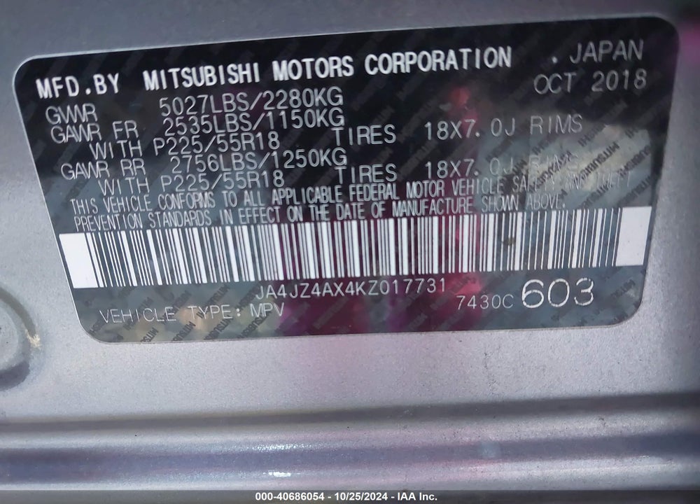 2019 MITSUBISHI OUTLANDER GT VIN: JA4JZ4AX4KZ017731