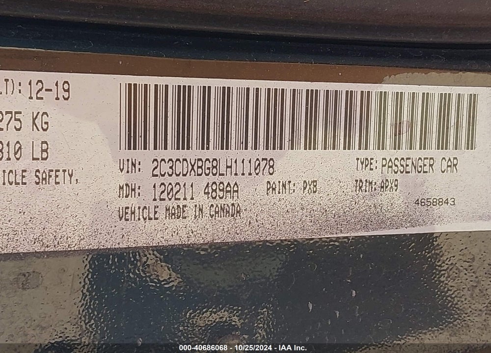 2020 DODGE CHARGER SXT RWD VIN: 2C3CDXBG8LH111078