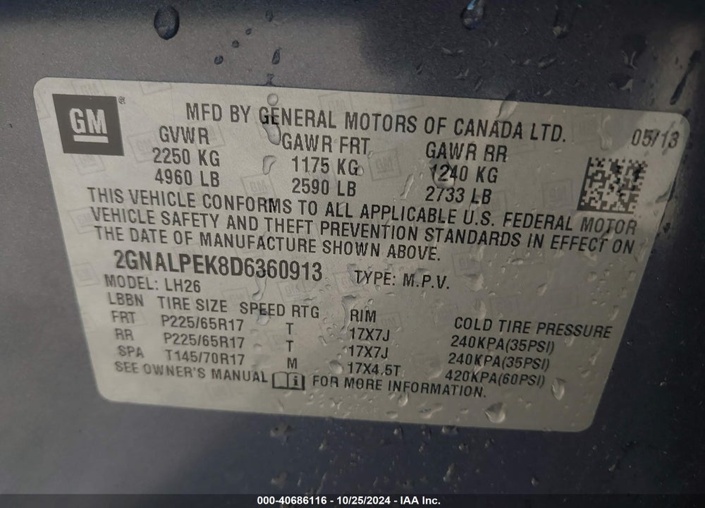 2013 CHEVROLET EQUINOX 2LT VIN: 2GNALPEK8D6360913