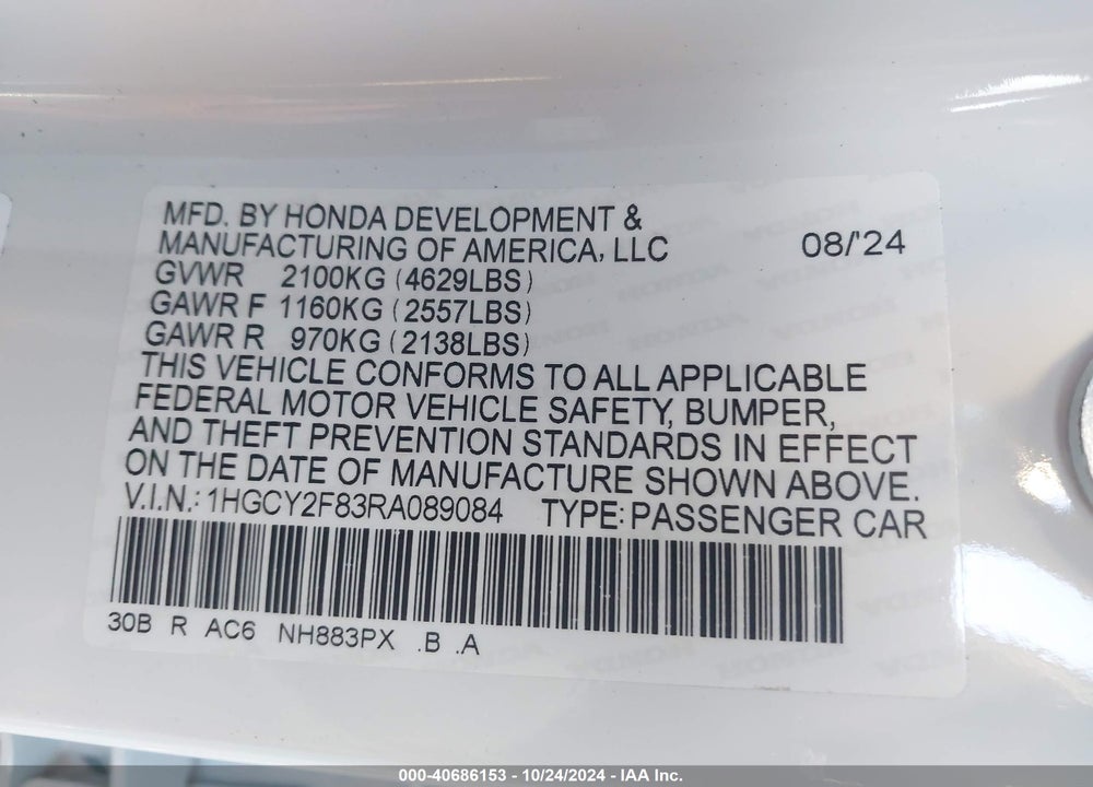 2024 HONDA ACCORD VIN: 1HGCY2F83RA089084