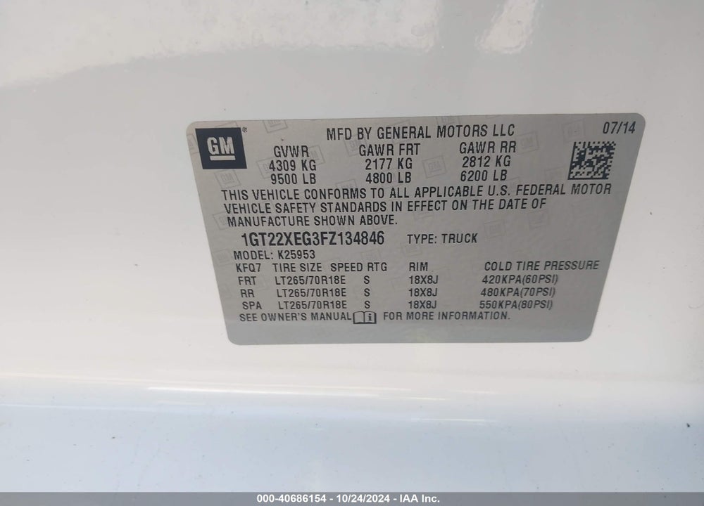 2015 GMC SIERRA 2500HD VIN: 1GT22XEG3FZ134846