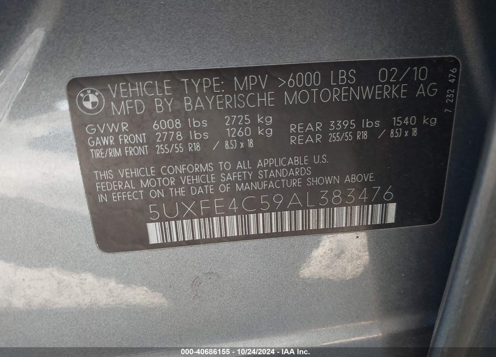 2010 BMW X5 XDRIVE30I VIN: 5UXFE4C59AL383476