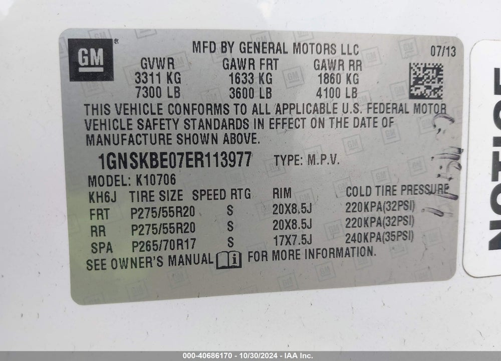 2014 CHEVROLET TAHOE LT VIN: 1GNSKBE07ER113977