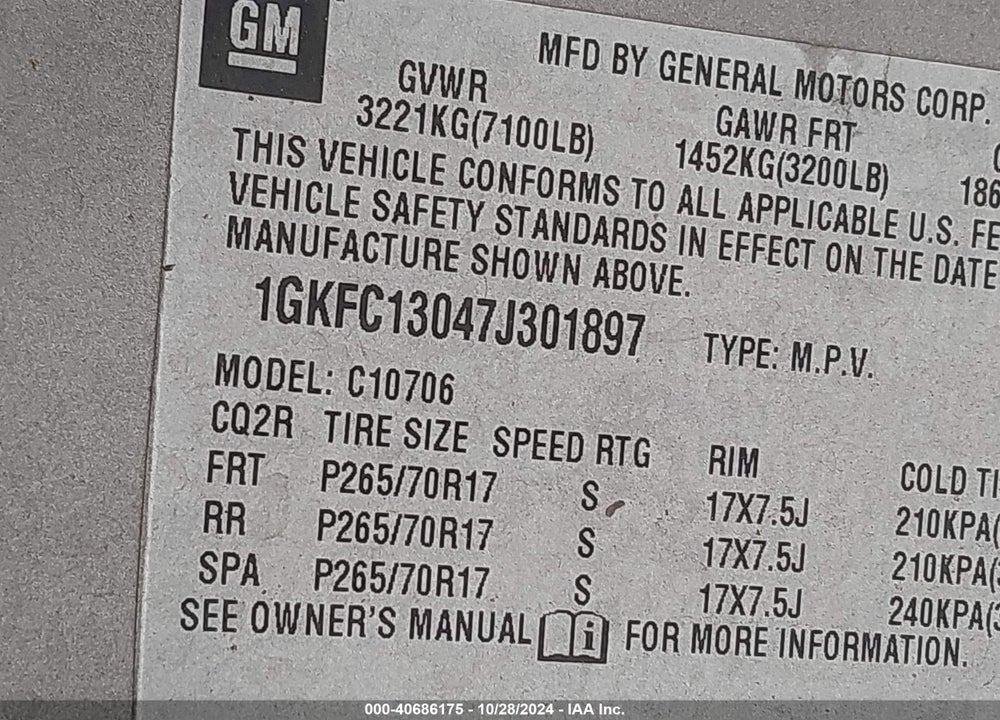 2007 GMC YUKON SLE VIN: 1GKFC13047J301897