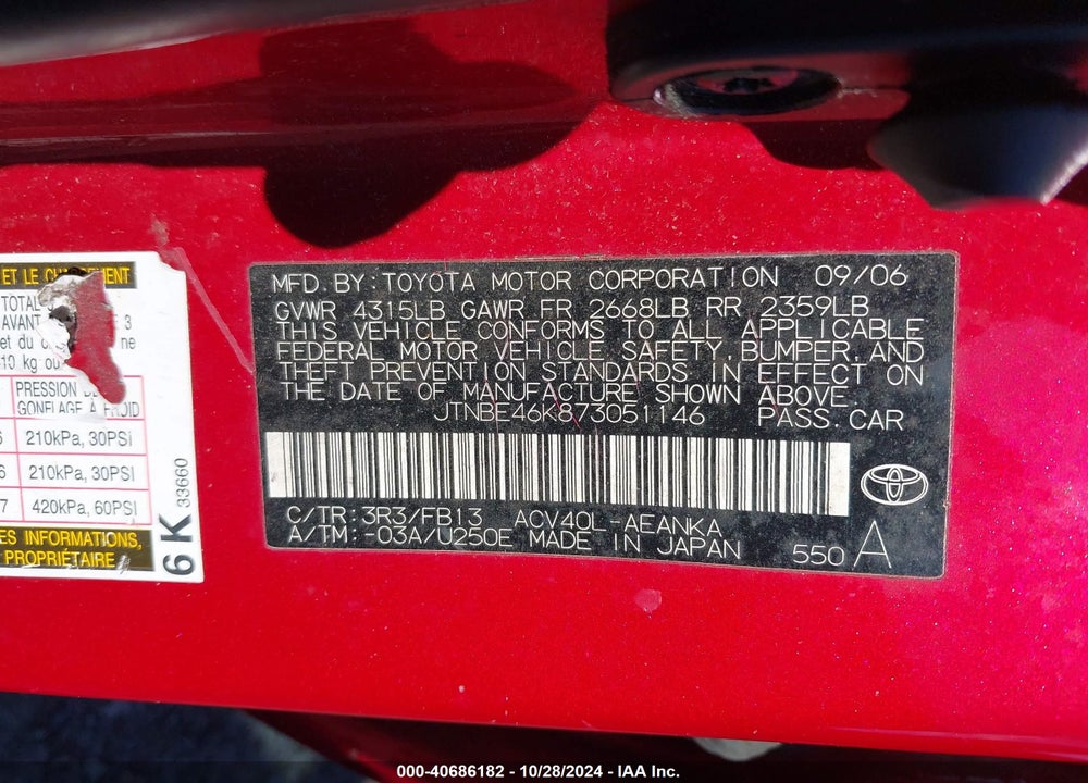 2007 TOYOTA CAMRY LE VIN: JTNBE46K873051146