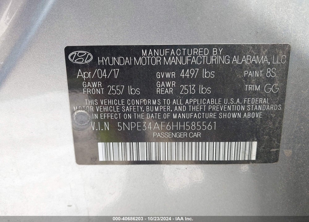 2017 HYUNDAI SONATA SPORT VIN: 5NPE34AF6HH585561