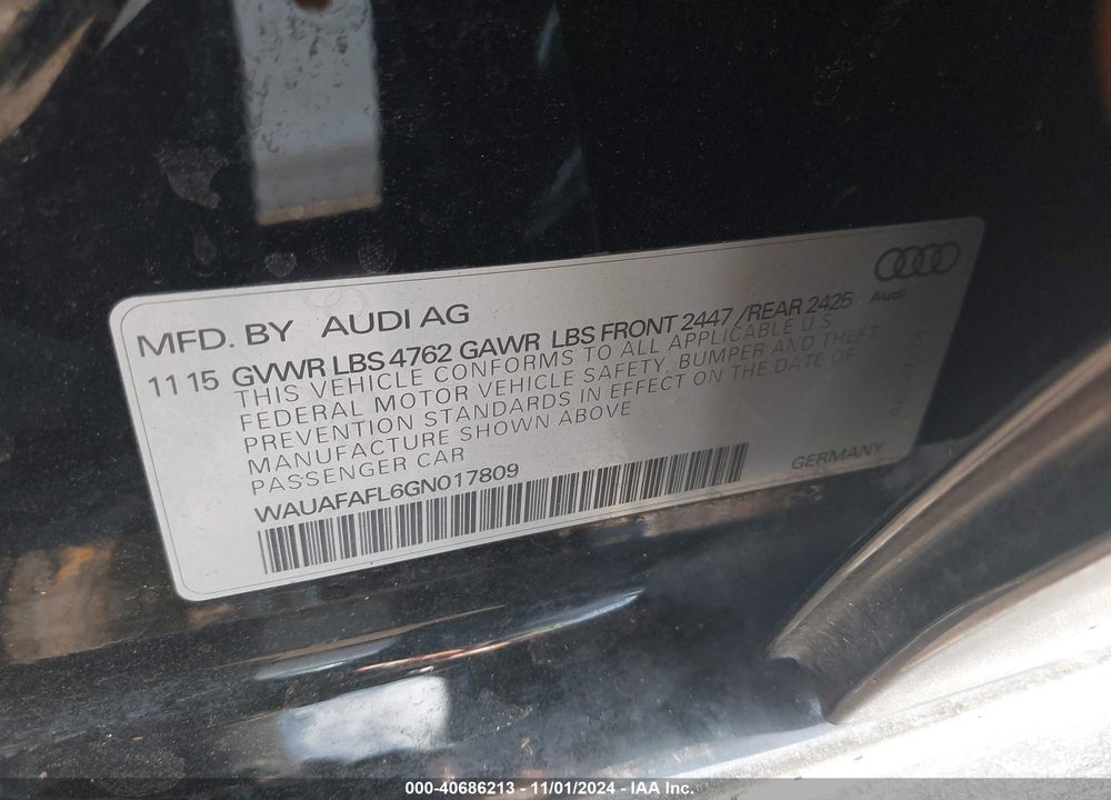 2016 AUDI A4 2.0T PREMIUM VIN: WAUAFAFL6GN017809