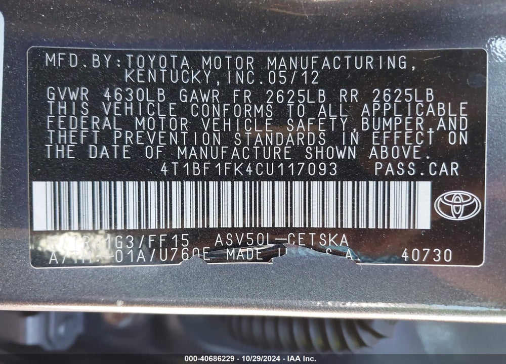 2012 TOYOTA CAMRY VIN: 4T1BF1FK4CU117093