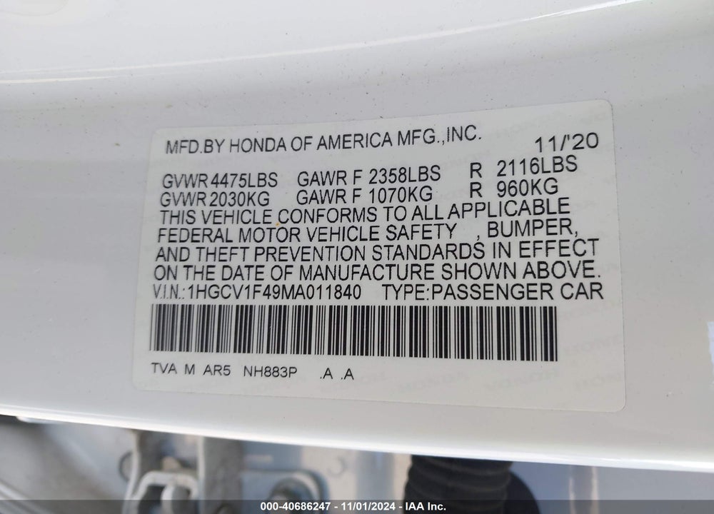2021 HONDA ACCORD SPORT SPECIAL EDITION VIN: 1HGCV1F49MA011840