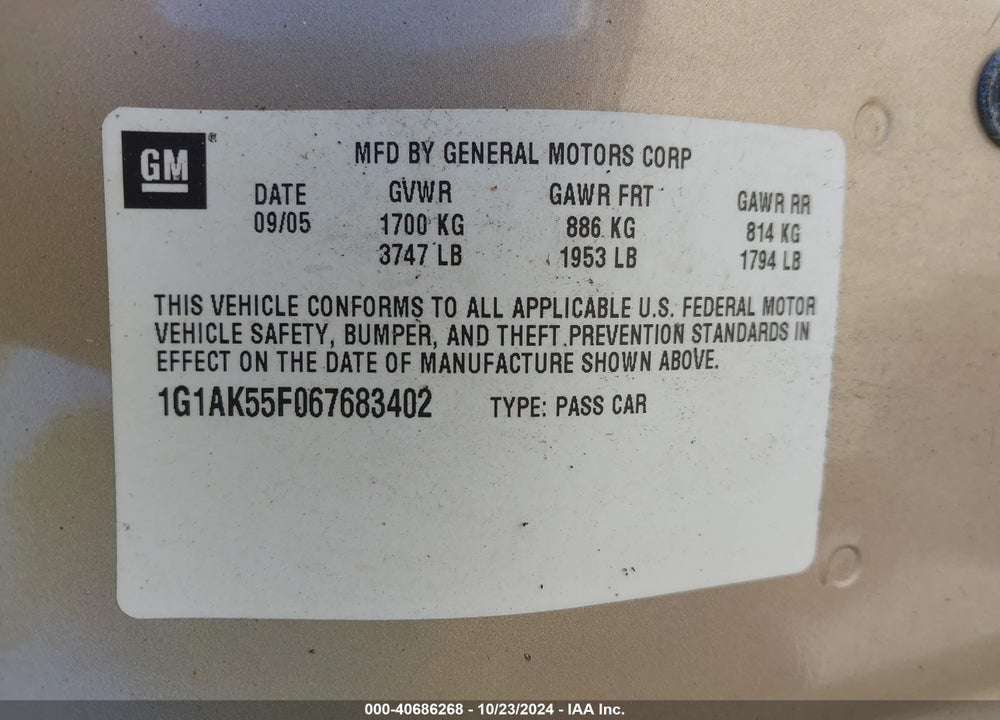 2006 CHEVROLET COBALT LS VIN: 1G1AK55F067683402