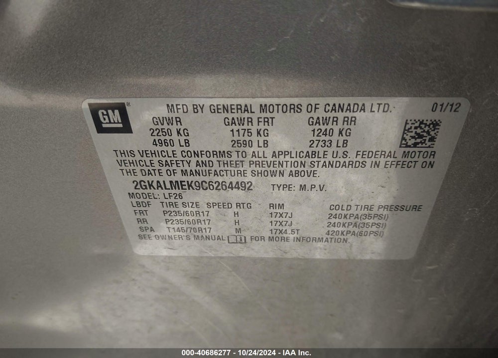 2012 GMC TERRAIN SLE-1 VIN: 2GKALMEK9C6264492