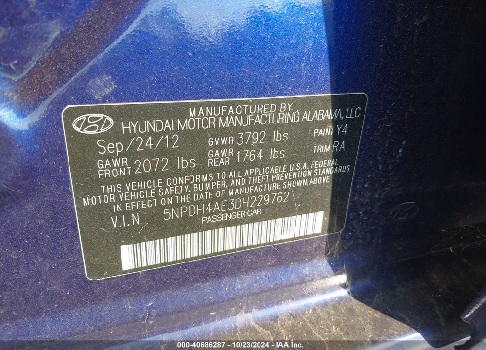 2013 HYUNDAI ELANTRA LIMITED VIN: 5NPDH4AE3DH229762