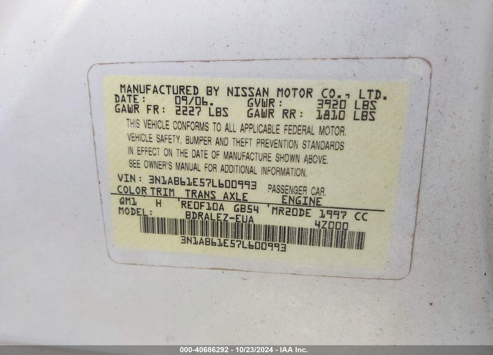 2007 NISSAN SENTRA 2.0S VIN: 3N1AB61E57L600993