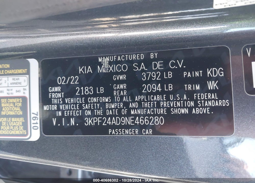 2022 KIA FORTE LXS VIN: 3KPF24AD9NE466280