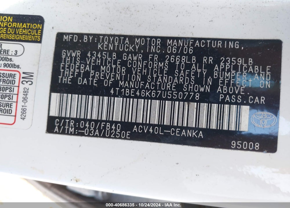 2007 TOYOTA CAMRY LE VIN: 4T1BE46K67U550778