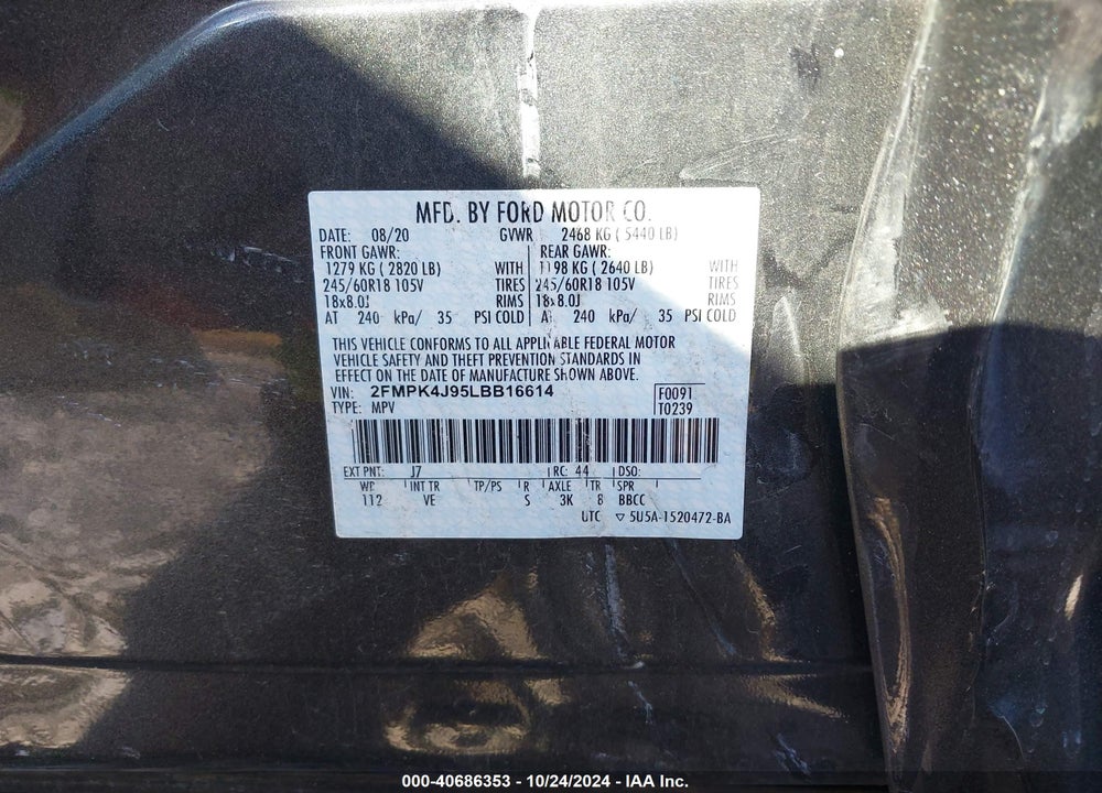 2020 FORD EDGE SEL VIN: 2FMPK4J95LBB16614