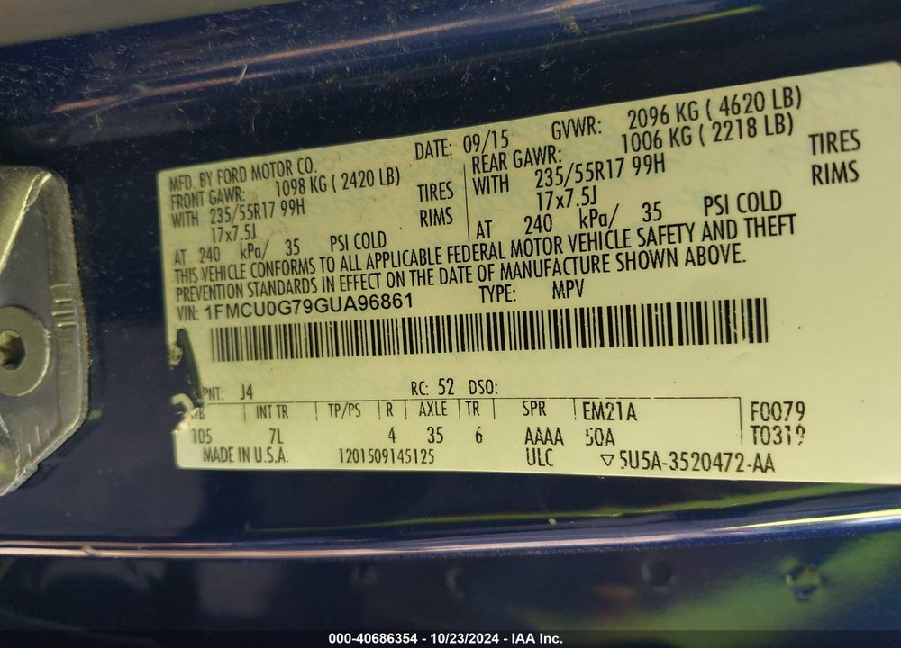 2016 FORD ESCAPE SE VIN: 1FMCU0G79GUA96861