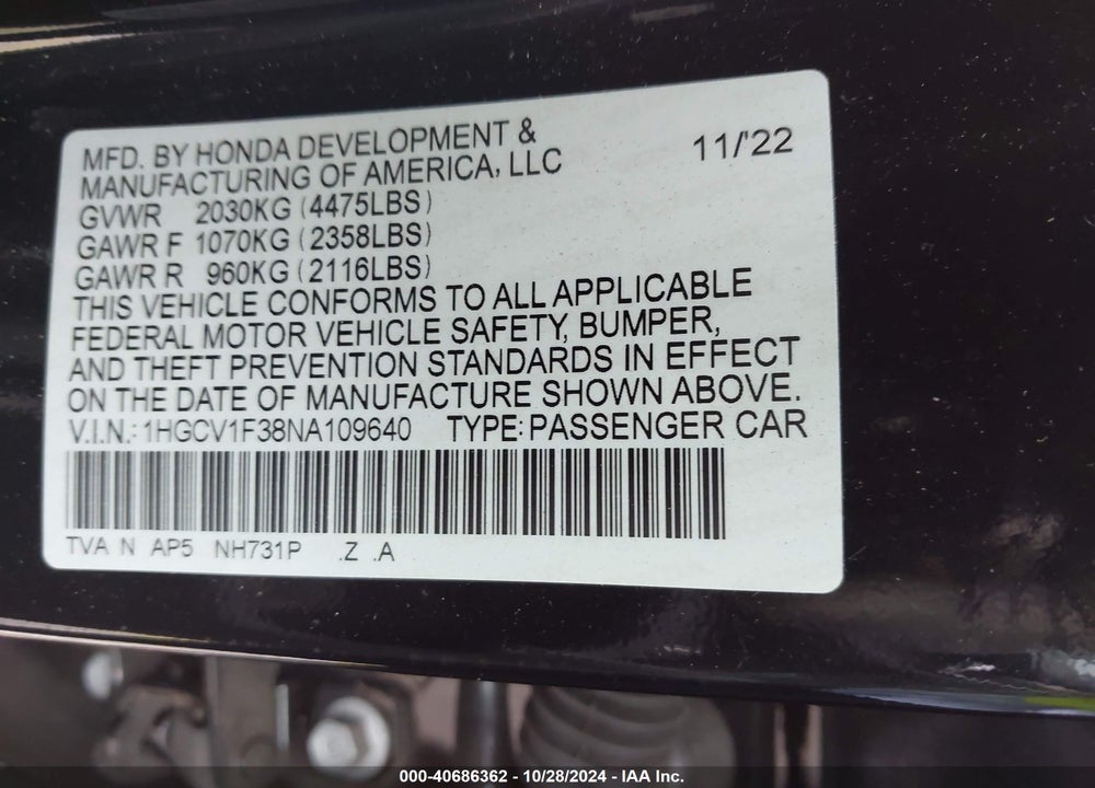 2022 HONDA ACCORD SPORT VIN: 1HGCV1F38NA109640