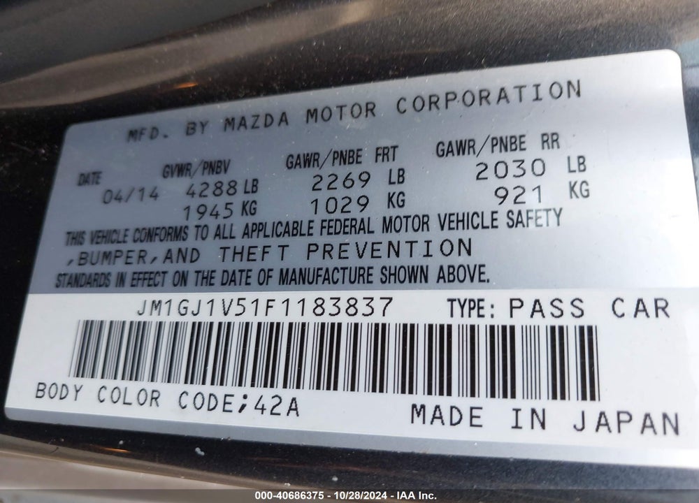 2015 MAZDA 6 I TOURING VIN: JM1GJ1V51F1183837
