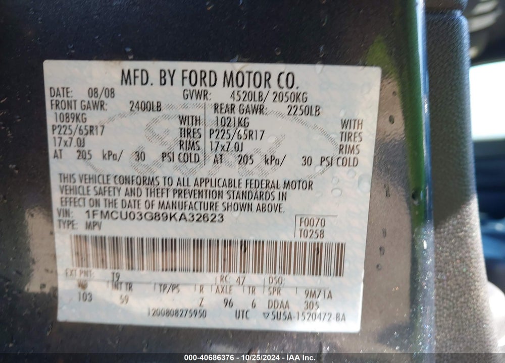 2009 FORD ESCAPE XLT VIN: 1FMCU03G89KA32623