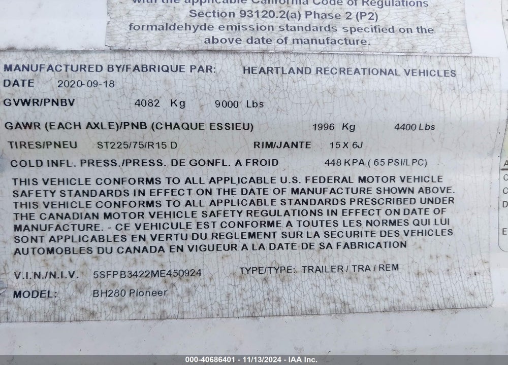 2021 HEARTLAND PIONEER BH280 VIN: 5SFPB3422ME450924