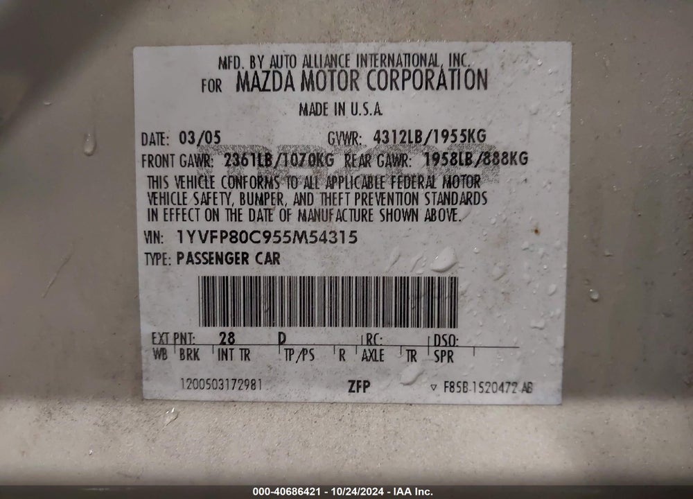 2005 MAZDA 6 I BASE VIN: 1YVFP80C955M54315