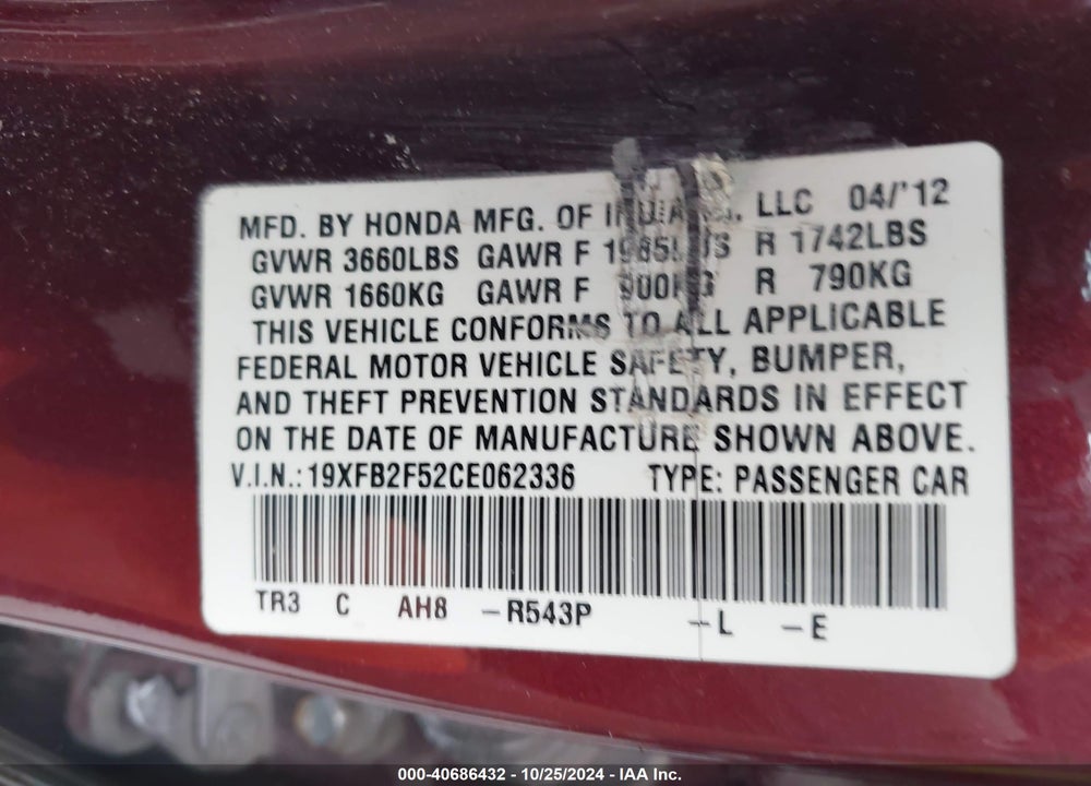 2012 HONDA CIVIC SDN LX VIN: 19XFB2F52CE062336