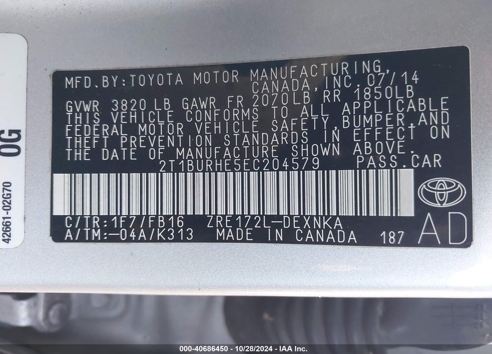 2014 TOYOTA COROLLA LE VIN: 2T1BURHE5EC204579