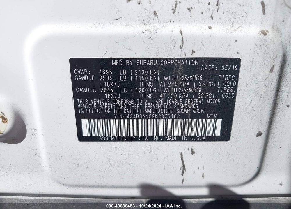 2019 SUBARU OUTBACK 2.5I LIMITED VIN: 4S4BSANC9K3375183