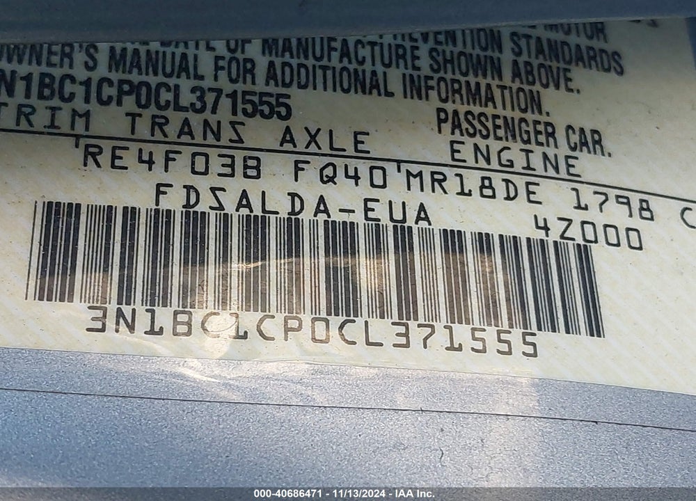 2012 NISSAN VERSA 1.8 S VIN: 3N1BC1CP0CL371555